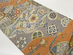 変わり立涌に花葉模様織出し袋帯